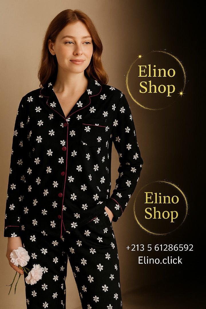 Women’s Pajama Set – Black Floral Print