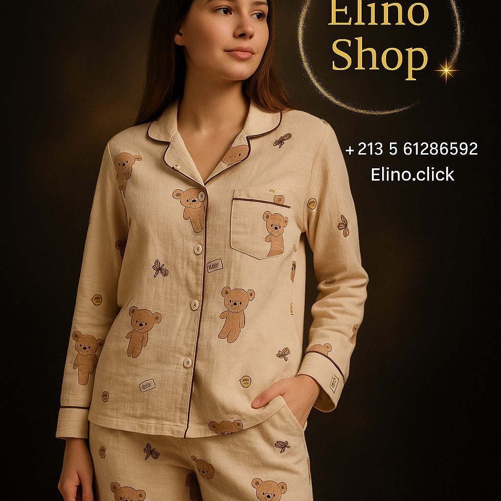 Women’s Cotton Pajama Set – Teddy Bear Print