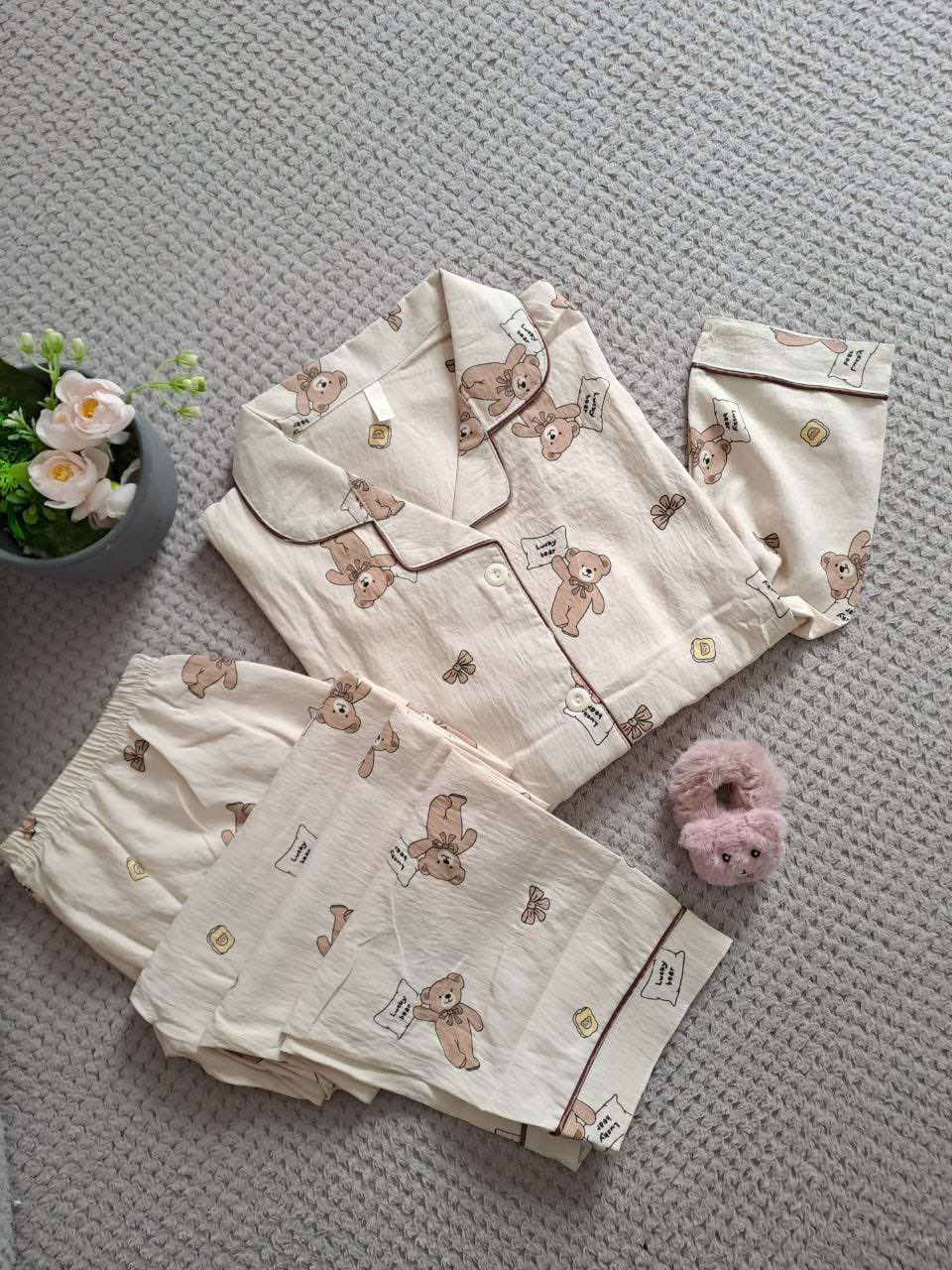 Women’s Cotton Pajama Set – Teddy Bear Print